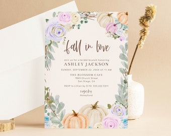 Fall In Love Bridal Brunch Invitation Template, Pastel Pumpkins and Leaves, Fall Floral Bridal Shower Invitation, Editable Template