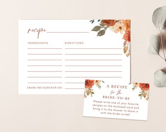 Fall In Love Bridal Shower Recipe Card Set, Fall Floral and Leaves, Editable Templates