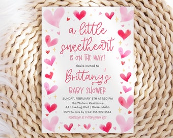 Pink Hearts Baby Shower Invitation Template, A Little Sweetheart Is On The Way Invite, 5x7 Editable Template, Instant Download