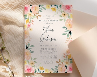 Bridal Shower Invitation Template, Watercolor Peach and Pink Floral Invite, Bridal Shower Invitation, Editable Template