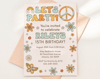 Retro Let's Party Birthday Party Invitation Template, 5x7 Teen, Any Age, Groovy Flower Birthday Editable Template, Instant Download