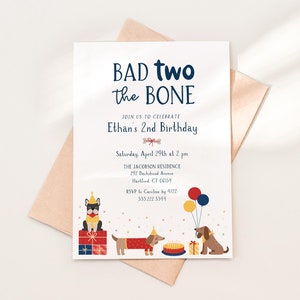 Bad Two The Bone 2nd Birthday Party Invitation Template, 5x7 Turning 2 Birthday Dog Themed Invite, Editable Template, Instant Download