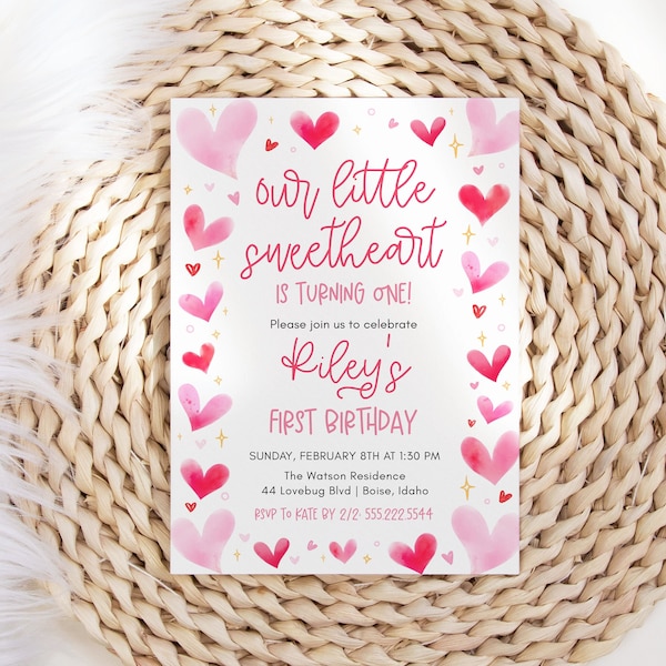 Pink Hearts First Birthday Party Invitation Template, Our Little Sweetheart Is Turning One Invite, 5x7 Editable Template, Instant Download