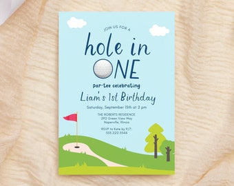 Hole In One Golf eerste verjaardag uitnodiging sjabloon, 5 x 7 moderne blauwe en groene Golf 1e verjaardag uitnodigen, bewerkbare sjabloon, Instant Download