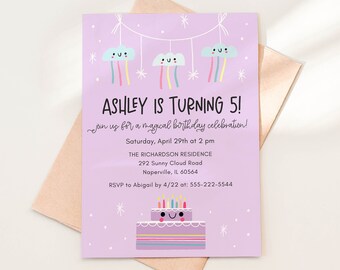 Happy Clouds and Cake Birthday Party Invitation Template, Birthday Invite for Any Age, 5x7 Editable Template, Instant Download