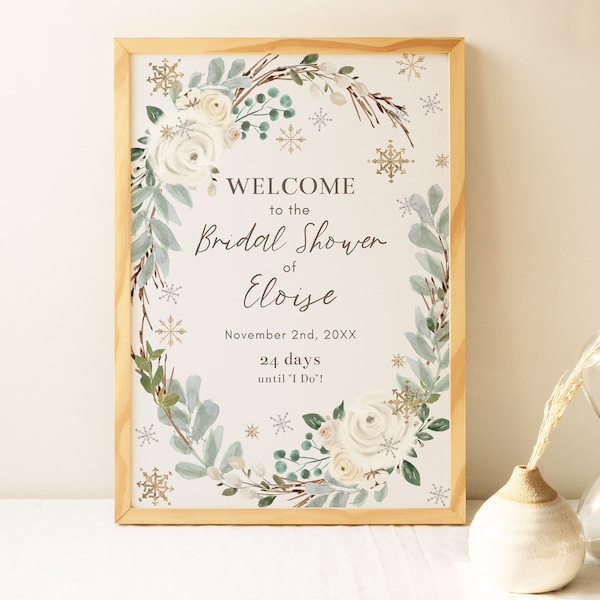 Dreamy Winter Floral Bridal Shower Welcome Sign Template, 18x24 and 24x36 Welcome Poster, Editable Template