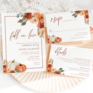 Suite de modèles de faire-part de mariage automne amoureux avec RSVP et carte d'insertion de détails, fleurs et feuilles d'automne modernes, modèles modifiables