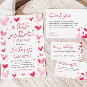 Lot de modèles d'invitations pour baby shower coeurs roses, suite baby shower de petit coeur en route, modèles modifiables à téléchargement immédiat