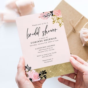 Gold, Pink, and Black Bridal Shower Invitation Template, 5x7 Modern Floral Bridal Shower Invite, Editable Template image 1