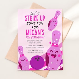 Editable Bowling Birthday Party Invitation Template, 5x7 Pink Purple Strike Up Some Fun Printable Invite, Any Age, Instant Download image 1