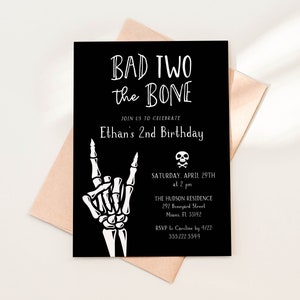 Bad Two The Bone 2nd Birthday Party Invitation Template, 5x7 Black and White Skeleton Hand Invite, Editable Template by HelloLoveCo