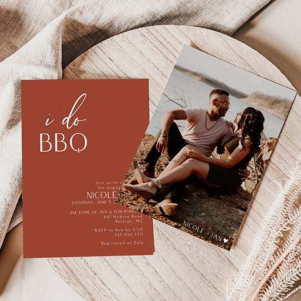 I Do BBQ Couples Shower Template, Photo Engagement Party Cards, Terracotta Engagement Barbecue Invite, Editable Template