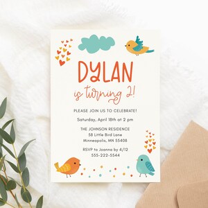 Modello di invito alla festa di compleanno di uccellini dolci, invito di compleanno stampabile 5x7 per qualsiasi età, modello modificabile
