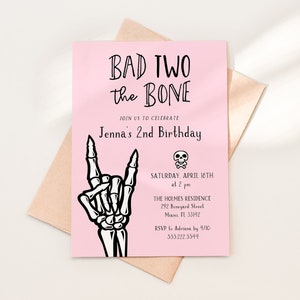 Bad Two The Bone 2nd Birthday Party Invitation Template, 5x7 Pink and Black Skeleton Hand Invite, Editable Template by HelloLoveCo image 1