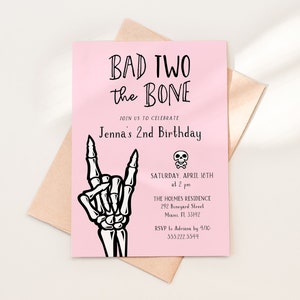 Bad Two The Bone 2nd Birthday Party Invitation Template, 5x7 Pink and Black Skeleton Hand Invite, Editable Template by HelloLoveCo