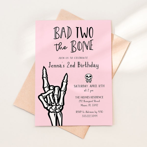Bad Two The Bone 2nd Birthday Party Invitation Template, 5x7 Pink and Black Skeleton Hand Invite, Editable Template by HelloLoveCo