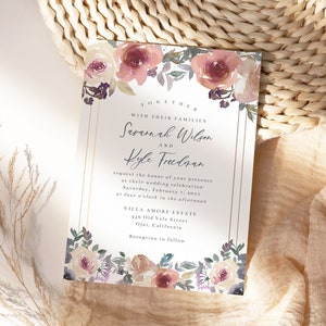 Dusty Rose Pink, Cream, and Blue Wedding Invitation Template, 5x7 Watercolor Floral Wedding Invite, Editable Template image 1