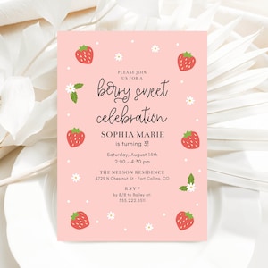 Modèle d'invitation de célébration d'anniversaire doux baies, fête d'anniversaire moderne aux fraises 5 x 7, tout âge, modèle imprimable, modifiable sur invitation image 1