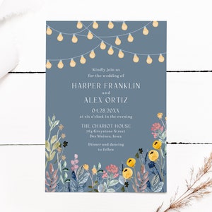 Wildblumen und Gartenlichter Hochzeitseinladung Vorlage, 13x18 Frühling Sommer Blumenhochzeit Einladen, bearbeitbare Vorlage Sofortiger Download
