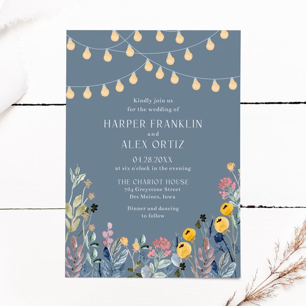 Wildflowers and Garden Lights Wedding Invitation Template, 5x7 Spring Summer Floral Wedding Invite, Editable Template Instant Download