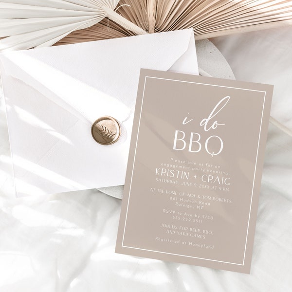 I Do BBQ Engagement Party Template, Modern Taupe and White Neutrals I Do Barbecue Invitations, Editable Template by HelloLoveCo