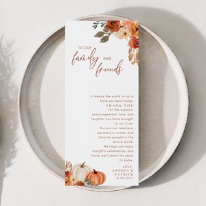 Fall Thank You Letter Template, Boho Pumpkins and Leaves, 4x9 Table Thank You Wedding Napkin Note, Place Setting, Editable Template image 1