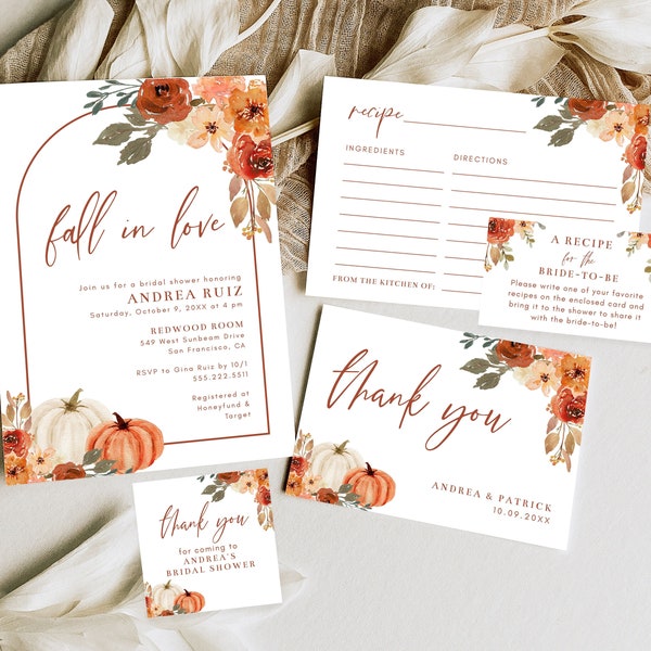 Fall In Love Bridal Shower Template Bundle, Boho Arch Pumpkin Floral and Leaves, Editable Templates