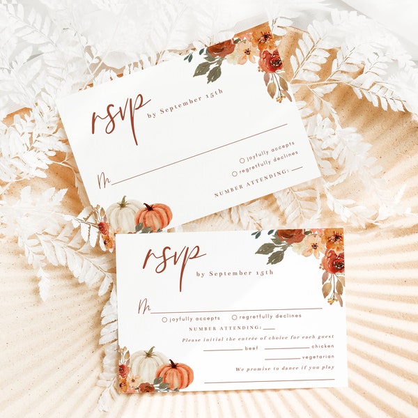 Fall Floral RSVP Card Template, Pumpkins and Leaves, 5x3.5 Reply Card with or without Meal Options and Song Request, Editable Template