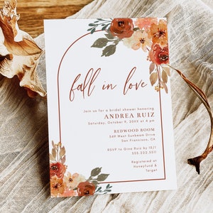 Fall In Love Bridal Shower Invitation Template, 5x7 Boho Arch Fall Floral Bridal Shower Invite, Editable Template by HelloLoveCo