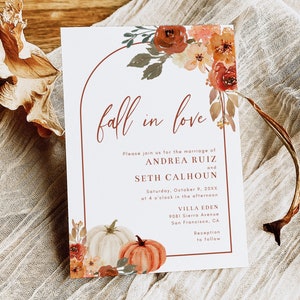 Fall In Love Wedding Invitation Template, Boho Arch Pumpkins and Leaves, 5x7 Fall Floral Wedding Invite, Editable Template