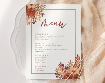 Autumn Terracotta Floral and Leaves Wedding Menu Template, 5x7 Fall Floral Wedding Reception Menu, Editable Template