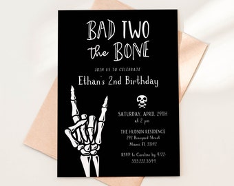 Bad Two The Bone 2nd Birthday Party Invitation Template, 5x7 Black and White Skeleton Hand Invite, Editable Template by HelloLoveCo