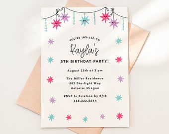 Stars Birthday Party Invitation Template, 5th Birthday Invite, Pink, Blue, and Purple, 5x7 Editable Template, Instant Download