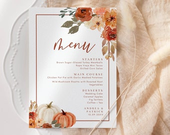 Fall Wedding Menu Template, Pumpkins and Leaves, 5x7 Fall Floral Wedding Reception Menu, Editable Template