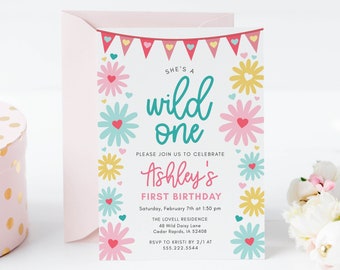 Wild One First Birthday Party Invitation Template Marguerites et cœurs, Daisy Turning One Invite, modèle modifiable 5x7, téléchargement instantané