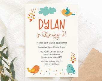 Sweet Birds Birthday Party Invitation Template, 5x7 Printable Birthday Invite for Any Age, Editable Template