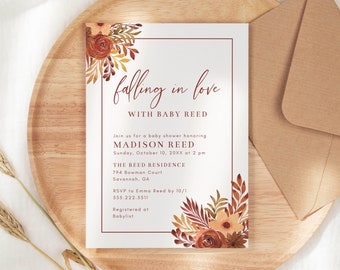 Falling In Love Baby Shower Invitation Template, 5x7 Autumn Terracotta Floral and Leaves, Fall Baby Shower Invite, Editable Template