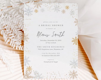 Silver and Gold Snowflakes Bridal Shower Invitation Template, 5x7 Winter Magic Bridal Shower Invite, Editable Template