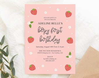 Berry First Birthday Invitation Template, 5x7 Modern Strawberry 1st Birthday Party Invite Printable, Editable Template