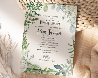 Forest Leaves Bridal Shower Invitation Template, Modern Nature Garden Invite, Plants Bridal Shower Invitation, Editable Template