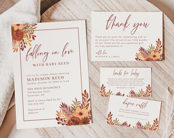 Falling In Love Baby Shower Invitation Template Bundle, Autumn Terracotta Floral and Leaves, Fall Baby Shower Suite, Editable Templates