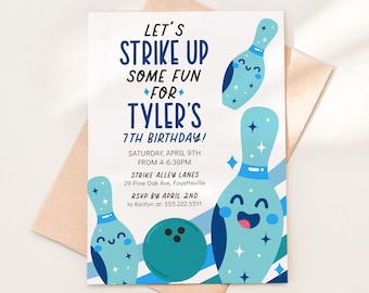 Editable Bowling Birthday Party Invitation Template, 5x7 Bowling Party Blue Strike Up Some Fun Printable Invite, Any Age, Instant Download
