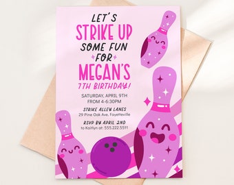 Modèle d’invitation à une fête d’anniversaire de bowling modifiable, 5x7 rose violet Strike Up Some Fun Printable Invite, n’importe quel âge, téléchargement instantané