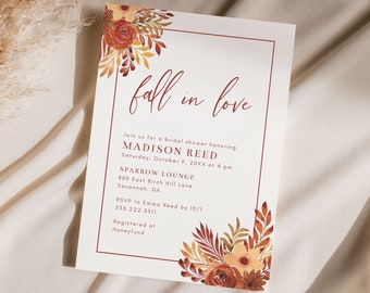 Fall In Love Bridal Shower Invitation Template, Autumn Terracotta Floral and Leaves, 5x7 Fall Bridal Shower Invite, Editable Template