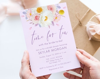 Floral Tea Party Bridal Shower Template, Purple Bridal Tea Invitations, Light Pink and White Flowers Bridal Shower Invite, Editable Template