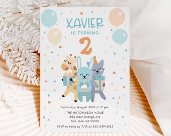 Invitation de fête d'anniversaire animaux doux confettis et ballons modèle modifiable 5 x 7, bleu et orange 2e anniversaire, téléchargement immédiat