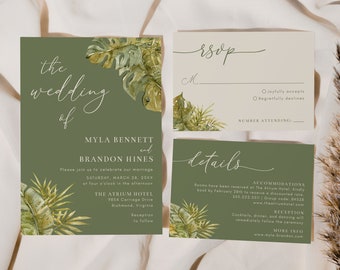 Monstera Leaves Wedding Invitation Suite Templates with RSVP and Details Insert Card, Leafy Green Plants, Editable Templates