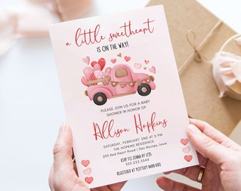 Valentine Heart Truck Baby Shower Invitation Template, 5x7 A Little Sweetheart Is On The Way Baby Shower Editable Template, Instant Download