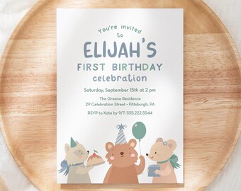 Blue and Green Birthday Animals Invitation Template, 5x7 Sweet Bear, Raccoon, and Mouse Birthday Invite, Editable Template, Instant Download