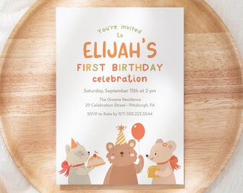 Bewerkbare verjaardag partij dieren uitnodiging sjabloon, 5 x 7 lieve beer, wasbeer en muis verjaardag uitnodigen sjabloon, Instant Download